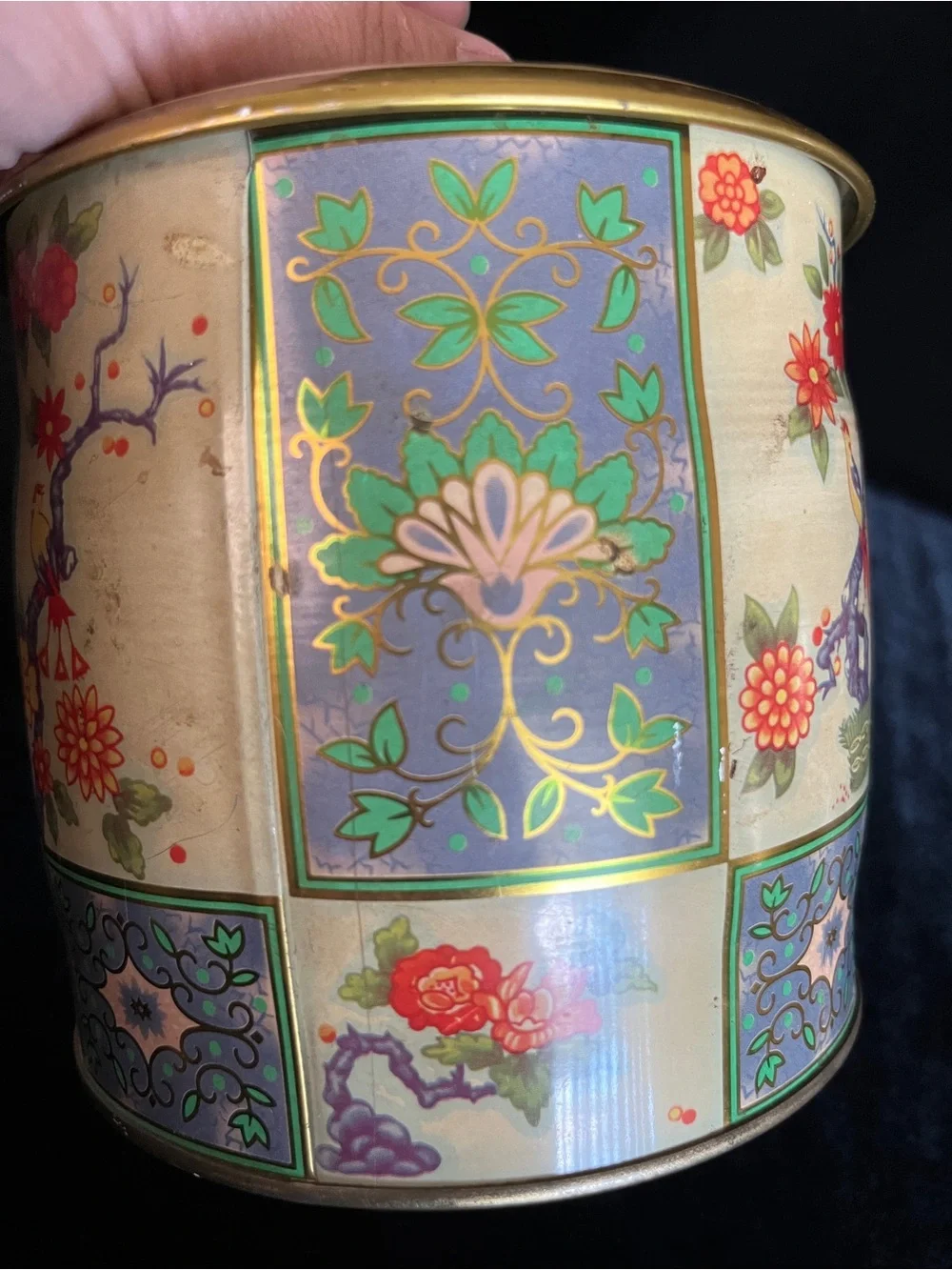 Vintage Floral Colorful Made in England Metal Container Jar With Lid